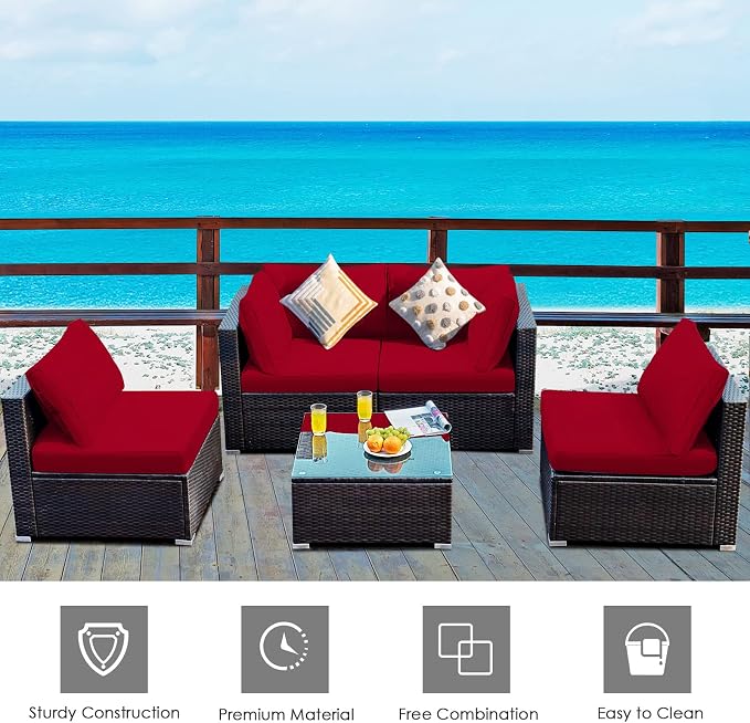 HAPPYGRILL 5-Piece Patio Furniture Set Outdoor Rattan Wicker Sofa Set with Coffee Table Sectional Sofa Conversation Set with Pillows Cushions for Backyard Porch Garden Poolside