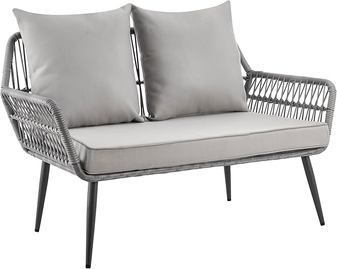 Manhattan Comfort Portofino 4-Piece Patio Conversation Set, Rope Wicker Design with Waterproof Cushions | Outdoor Furniture Includes 2 Armchairs, Loveseat & Coffee Table with Tempered Glass Top, Grey