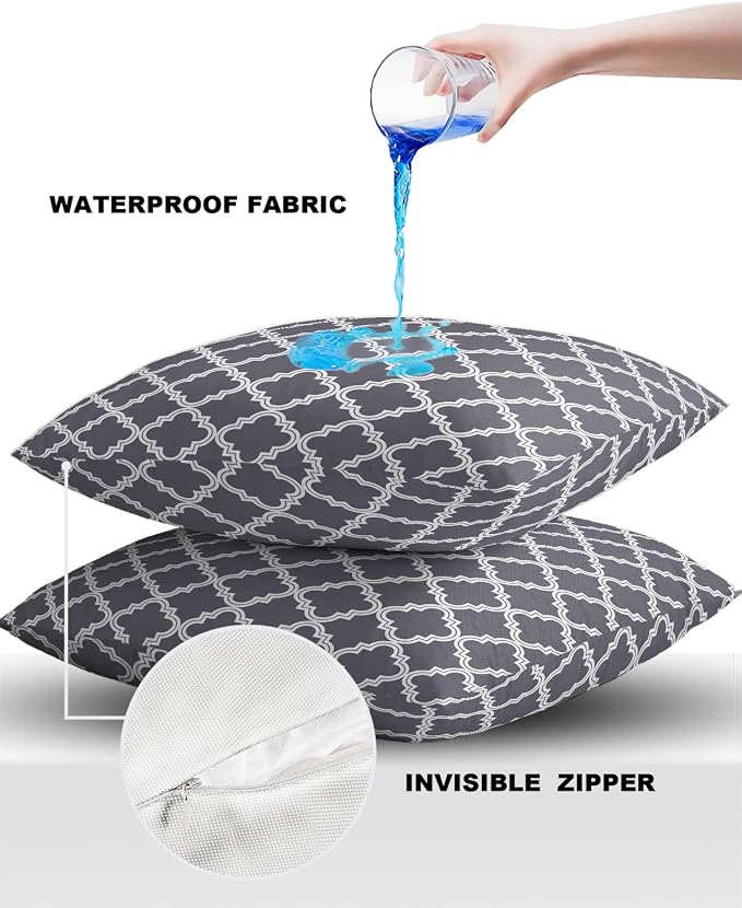 Outdoor Waterproof Pillow Covers for Patio Furniture Moroccan Pattern Decorative Throw Pillow Cover Dark Grey Pillowcases Set of 2 Cushion Case for Sofa Couch Chair Home Decor 26x26 inch