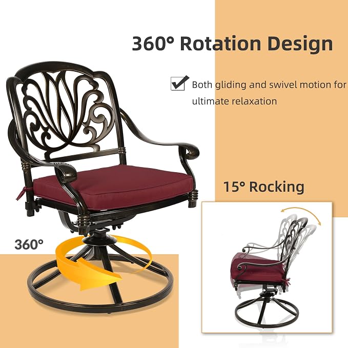 3-Piece Outdoor Patio Dining Set, All-Weather Cast Aluminum Patio Furniture Set for Backyard Garden Deck with 2 Swivel Cushioned Chairs and 31” Round Table, 2" Umbrella Hole, Chili Red