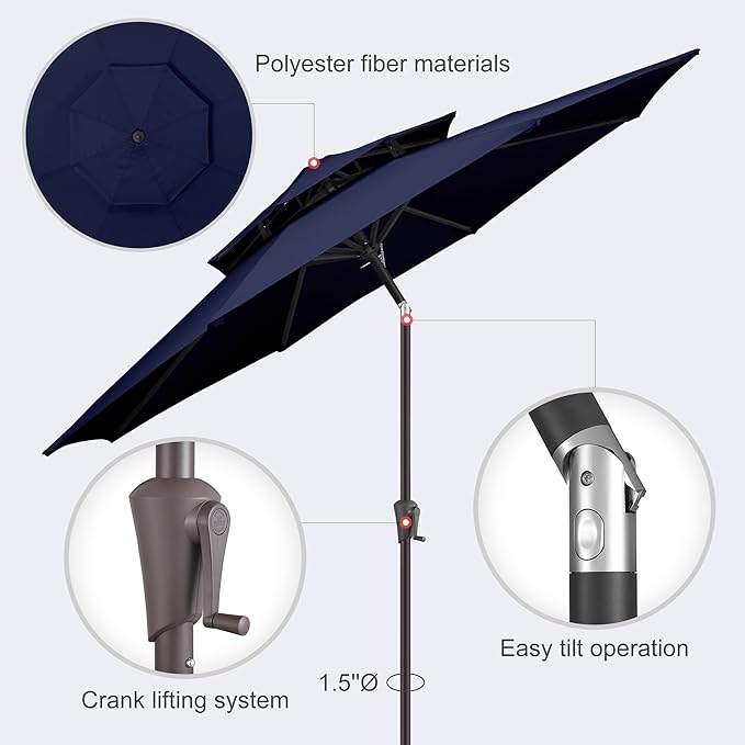 9FT Outdoor Patio Umbrella - 2 Tiers Table Umbrella Waterproof UV Protection, Sombrillas de Patio with Push Button Tilt, Sun Umbrella for Pool, Porch, Garden, Backyard (Navy Blue)