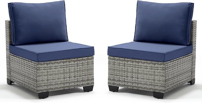 ANJ Outdoor Wicker Patio Chairs Set of 2, Modular Armless Patio Seating with Thick Cushions, All-Weather Rattan Conversation Chair Set for Porch, Balcony, Garden, Backyard, Light Grey Wicker-Blue