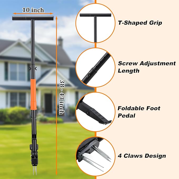 Weed Puller Tool with Long Handle, Stand Up Weeding Tool Gardening for Various Grass, Weed Remover Pulling Extractor Tool for Garden, Lawn, Yard , 4 Metal Claws with Foot Pedal Manual Weeders 43"