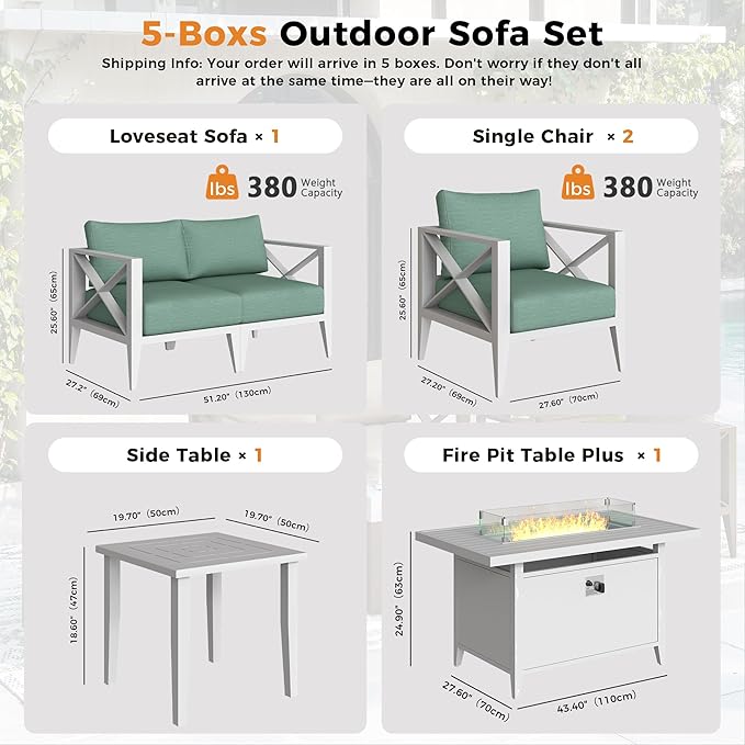 Aluminum 4-Seats Outdoor Patio Furniture Set with 43" Fire Pit Table, Sectional Conversation Sofa with 5.2" Thick Cushions & Coffee Table, Rust-Resistant Frame Seating Sofa for Porch, Backyard, White