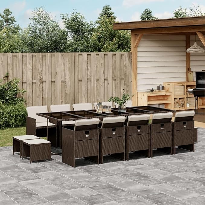 15 Piece Patio Dining Set with Cushions, Brown Poly Rattan Garden Furniture, Foldable Chairs and Space-Saving Stools for Backyard, Balcony and Outdoor Seating