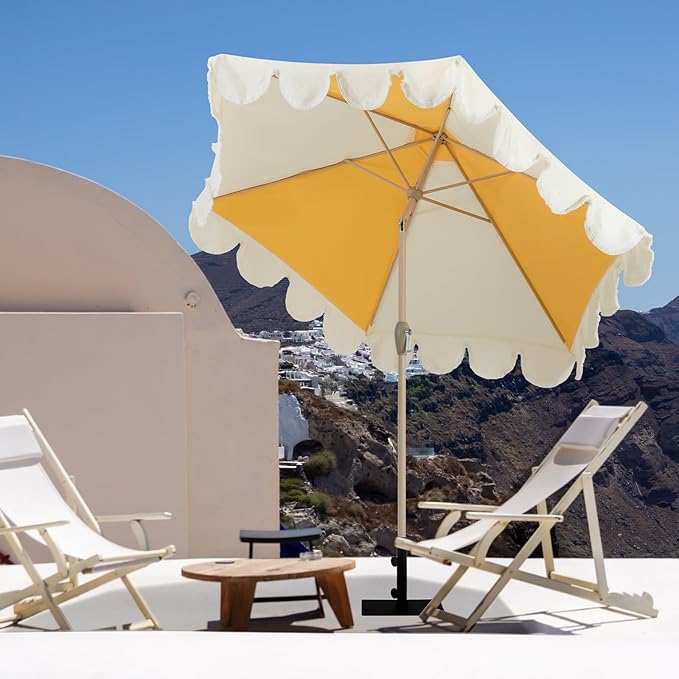 Tempera 9ft Scalloped Patio Umbrellas with Fringe, Market Umbrellas with Water-Resistant and Fade Resistant Canopy, 1.5" Wood Pole & Button Tilt.