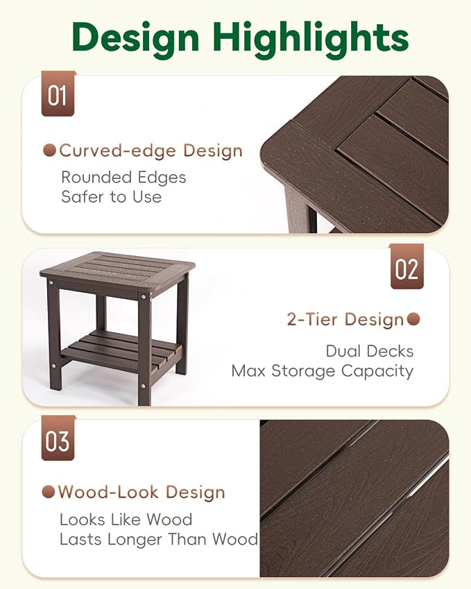 Kibaso-Adirondack Outdoor Side Table, 2-Tier HDPE Outdoor End Table, Weather Resistant Easy Maintenance, Small Patio Side Table for Patio, Pool, Porch, Garden, Lawn, and Living Room (1, Coffee Brown)