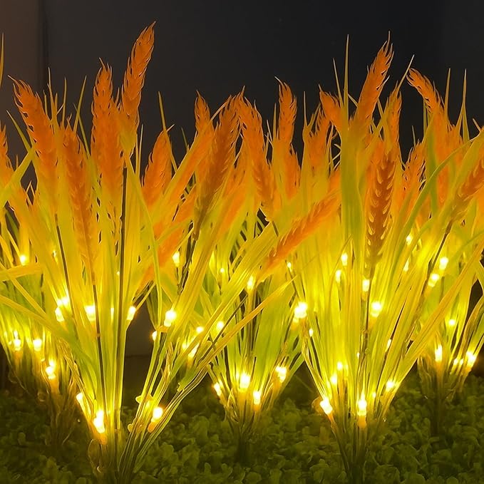 Rossesay 4 Pcs Thanksgiving Solar Lights Decorative Fall Outdoor Garden Autumn Solar Flowers Lights with 28 Realistic Wheat Ears Waterproof Decor for Yard Pathway Lawn Patio Garden Outdoor