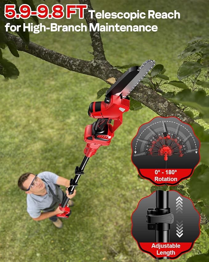 Cordless 8 Inch 2-IN-1 Pole Saw and Chainsaw Compatible with Milwaukee 18V Battery, Electric Pole Saws with Brushless Motor– Extends to 15.9 ft for Tree Trimming & Pruning (Tool Only, No Battery)