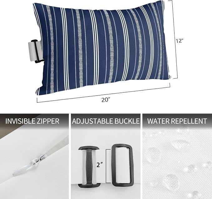 Outdoor Lumbar Pillow 12x20 Inch, Boho Navy Blue Waterproof Throw Pillow Covers with Insert, Minimalist Farmhouse Striped Decorative Headrest Pillows for Office Car Travel