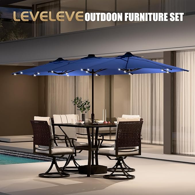 LEVELEVE 15FT Large Patio Patio Umbrella with Base & Solar LED Lights - Double-Sided,Blue
