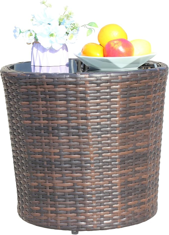 Outdoor Patio PE Rattan Round Coffee Table 17.7" Patio Side Table with Black Tempered Glass Top, Outdoor Wicker End Table for Backyard Deck Balcony, 120 lbs Capacity, Brown