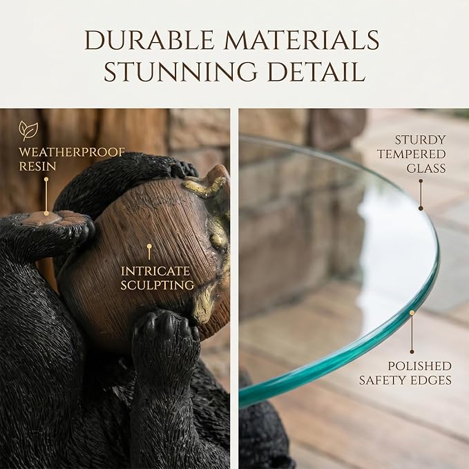 Honey-Drinking Bear Side Table with Waterfall 2-in-1 Resin Sculpture End Table Round Glass Top Indoor Outdoor for Patio, Garden, Living Room