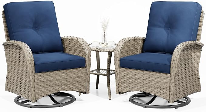 Joyside Outdoor Swivel Rocker Chairs, 3 Piece Wicker Patio Set with Thickened Cushions, High Back, Deep Seating, Wide Armrest, Outdoor Swivel Chairs for Porch, Deck