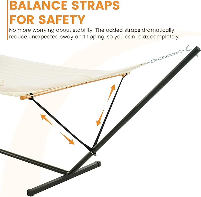 Lazy Daze Hammocks 2 Person Portable Hammock with 12FT Stand, Double Hand Woven Cotton Rope Hammock with Detachable Quilted Pad & Pillow for Outside, 450lb Capacity, Natural