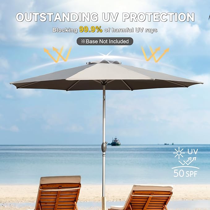 Domi 10FT Patio Umbrella Outdoor Market Umbrella with Silver Aluminum Pole, UV Resistant Canopy, Wind Vent, Tilt & Crank System, Perfect for Patio, Garden, Deck, Pool, Outdoor Dining, Gray