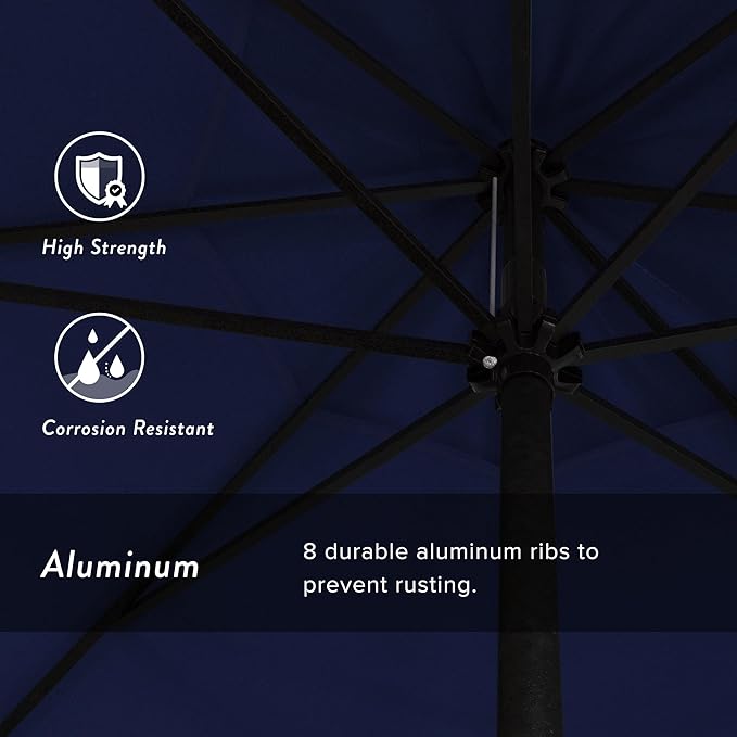 California Umbrella 12-Year Protection 9' Rd Aluminum Patio Umbrella, Crank Lift, Auto Tilt, Black Finish, Sunbrella True Blue