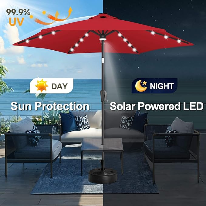 FLAME&SHADE 10ft Solar Outdoor Umbrella - 24 LED Lighted Patio Umbrella with Centre Surround Light, Table Umbrellas with Tilt & Crank for Pool, Porch, Garden, Deck, Backyard UV Protection (Red)
