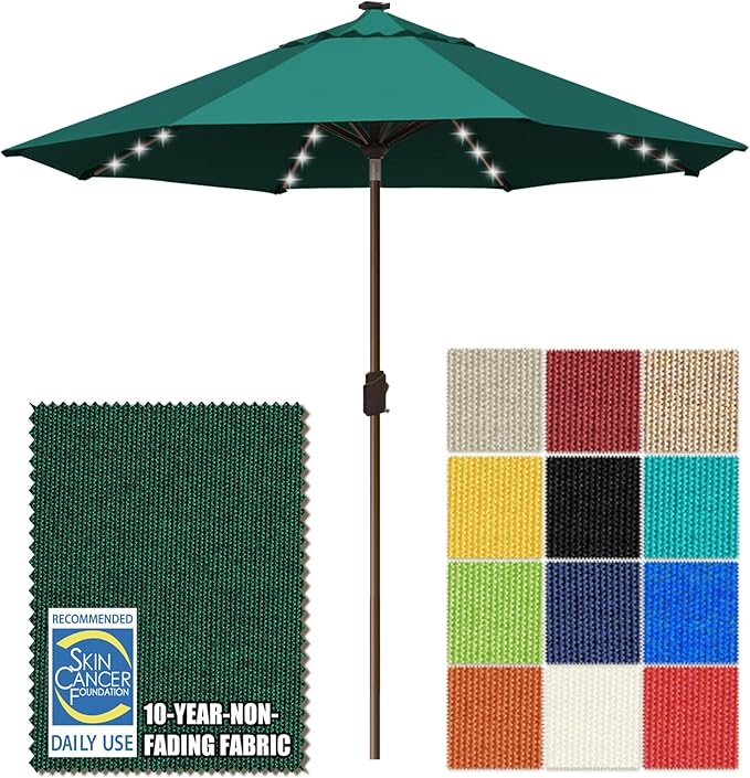 EliteShade USA 10-Year-Non-Fading 10ft Market Patio Umbrella, Commercial Grade Table Sun Umbrella with 80 Solar LED Lights, Crank Open, Windproof & UPF 50+ UV Protection for Garden, Deck, Pool, Backyard, Forest Green