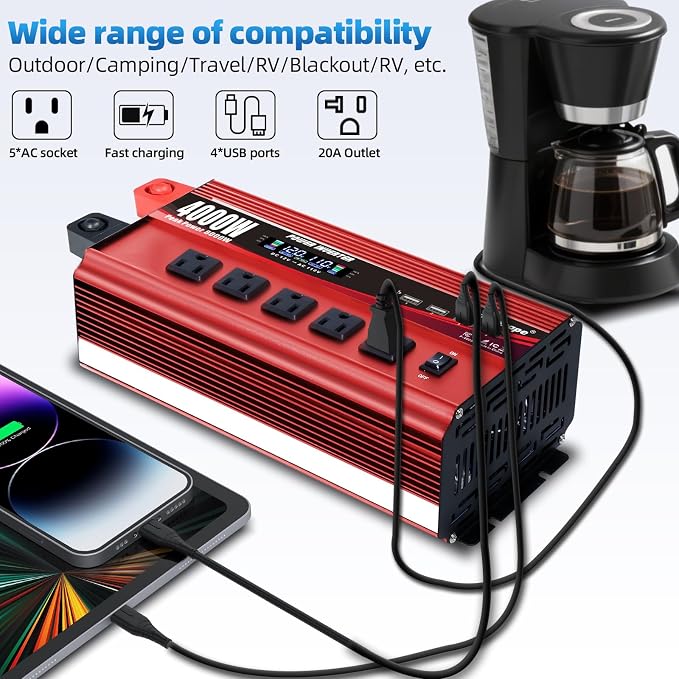 Cantonape 4000W Power Inverter 12V to 110V/120V DC to AC with LCD Display, Remote Controller 5 x AC Outlets and 4 x 3.1A USB Car Adapter for Car Truck Boat RV Solar System