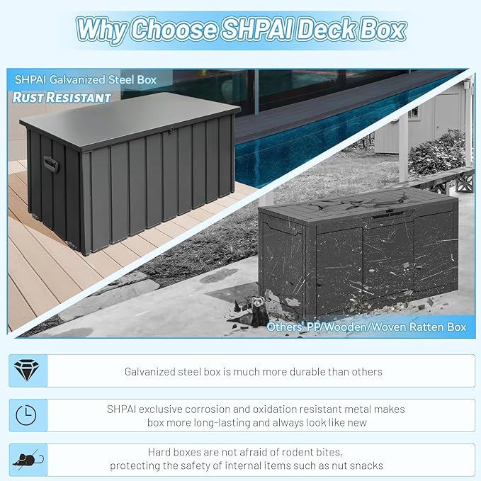 190 Gallon Metal Deck Box, Waterproof Galvanized Steel Outdoor Storage Cabinet, Lockable Storage Bench with Hydraulic Pistons, Rolling Wheels for Patio, Pool, Backyard