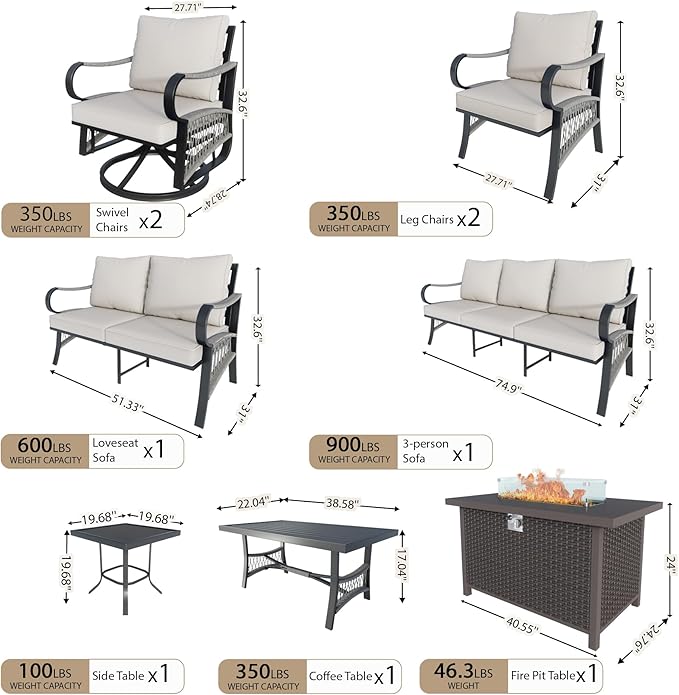 9 Pieces Patio Furniture Set, Metal Outdoor Conversation Sets with Fire Pit Table and Swivel Chairs for Backyard Garden Deck Porch Poolside (Thick Beige Cushions)