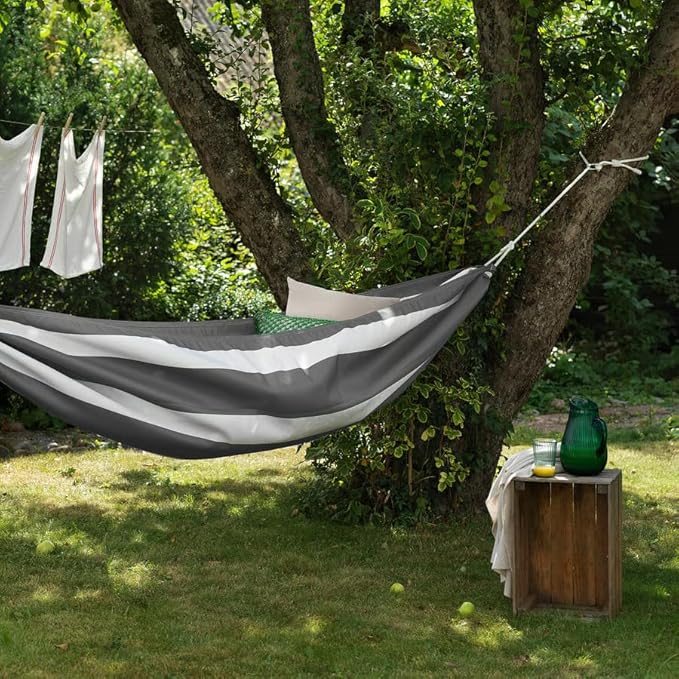 Hammock – Recycled Polyester Fabric, Single-Person Hanging Hammock with Polypropylene Rope, Anthracite/White, 59x104.4 Inches