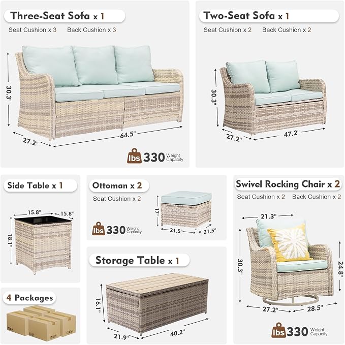 MEISSALIVVE Patio Furniture Set with Swivel Rocking Chairs, 8 Pieces Patio Conversation Set, Outdoor Wicker Sofa Couch with Waterproof Cushions for Lawn Backyard Porch (Blue)