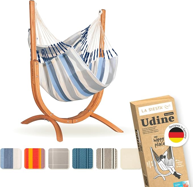 LA SIESTA Udine Outdoor Hammock Chair Set with freestanding Wooden Stand, Double-Size Weather-Resistant Hammock Chair with FSC-Certified Eucalyptus Wood Stand - Sea Salt