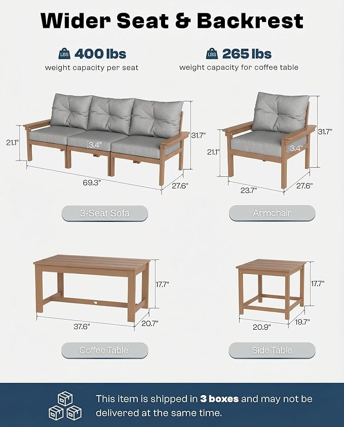 3 Piece HDPE Outdoor Patio Furniture Set, All-Weather 2 Armchairs with Side Table, Patio Conversation Set with Washable Thick Cushion for Balcony/Porch/Backyard, Teak