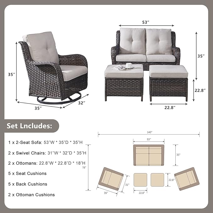 Rilyson Wicker Patio Furniture Set - 5 Piece Rattan Outdoor Sectional Conversation Sets with 2 Rocking Swivel Chairs,2 Ottomans and 1 Loveseat for Porch Deck Garden(Brown/Beige)