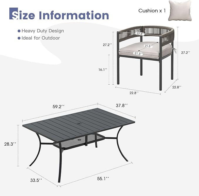 VICLLAX Patio Dining Set, 59.2" Black Table & 6 Chairs with Wheat Cushion | Outdoor Table and Chairs Set of Rectangular Metal Patio Table, Outdoor Dining Chairs with Metal Frame, Garden Deck Porch
