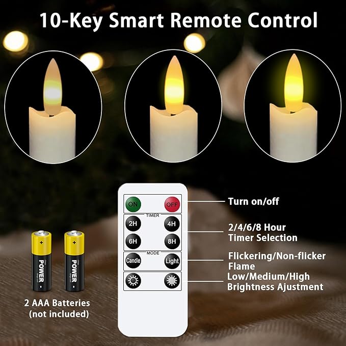 Upgraded Real Wax LED Flameless Taper Candles with Remote, KSWING 6 PCS White Candlesticks Battery Operated 3D Flickering - 9.6" Long Realistic Fake Candle Sticks for Home/Wedding/Fireplace Xmas Decor