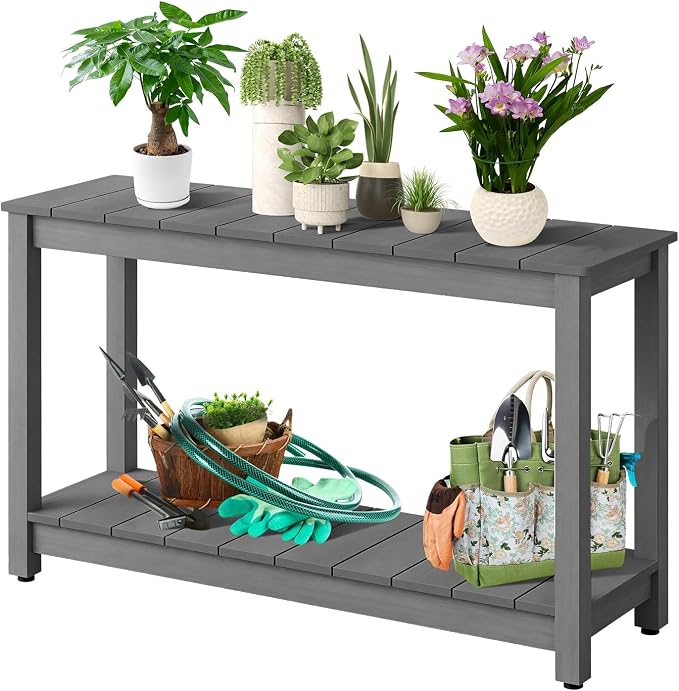 48 Inch 2-Shelf Console Table, Indoor Outdoor 2-Tier Patio Buffet Table with Adjustable Foot Pad, Wooden Bar Storage Organizer, Entryway Side Table for Patio, Porch, Backyard, Garden, Balcony