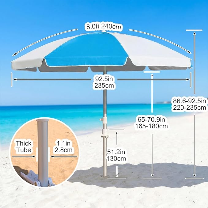 8FT Beach Umbrellas for Sand,Portable Outdoor Windproof Sun Umbrella with Push Button Tilt and Air Vent,UPF 50+ PU Coating for Patio Garden Pool Backyard