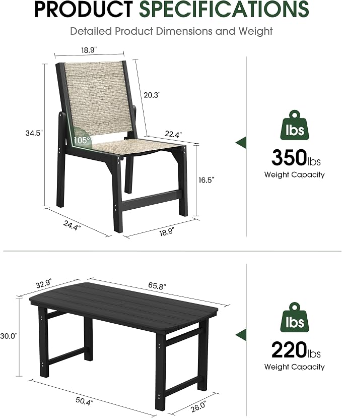 HDPE Outdoor Patio Dining Set with Table & 6 Stackable Armless Textilene Chairs, All-Weather 7-Piece Dining Table Set with Umbrella Hole, Patio Furniture for Garden, Poolside, Backyard, Deck | Black