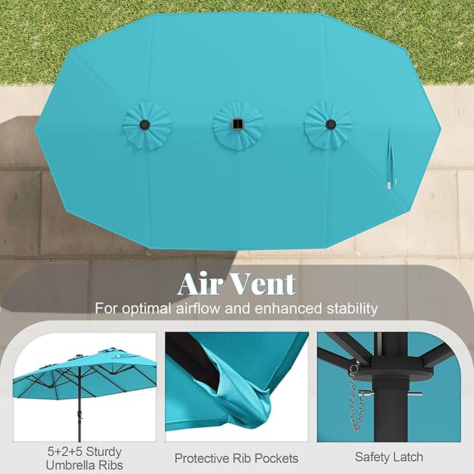 Tangkula 15FT Double-Sided Solar Patio Umbrella, Extra-Large Outdoor Twin Umbrella with 48 LED Lights, Vented Top, Crank Handle, 12 Ribs, Weighted Base Included for Backyard Poolside Deck (Turquoise)