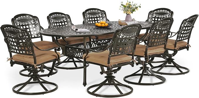 9-Piece Modern Patio Dining Set, Oval Cast Aluminum Dining Table with Umbrella Hole, 8 Swivel Rocker Chairs, Patio Funiture Set for Lawn Garden