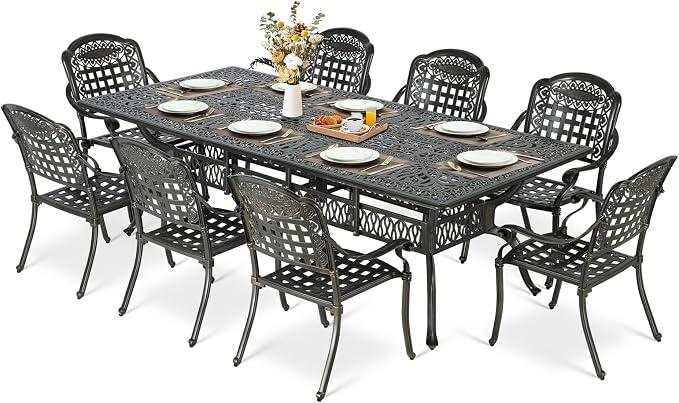 MEETWARM 9-Piece Outdoor Patio Dining Set, All Weather Cast Aluminum Patio Funiture Set for 8-94.5” Rectangular Table with 2" Umbrella Hole and 8 Chairs, Patio Table and Chairs Set, Dark Bronze