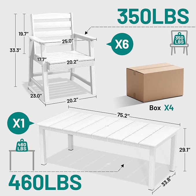 PLUUV 7-Piece Outdoor Patio Dining Set, All-Weather HDPE Dining Furniture Set with Umbrella Hole Cut-Out Table, Aluminum Table Legs, and 6 Chairs, Waterproof & Easy Clean for Backyard, Garden, White