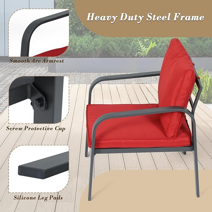 Athena Collection Patio Furniture Set 4 Pieces Outdoor Conversation Sets with Coffee Table & Cushions, All Weather Bistro Chairs Set for Balcony, Lawn, Garden, Poolside, Red
