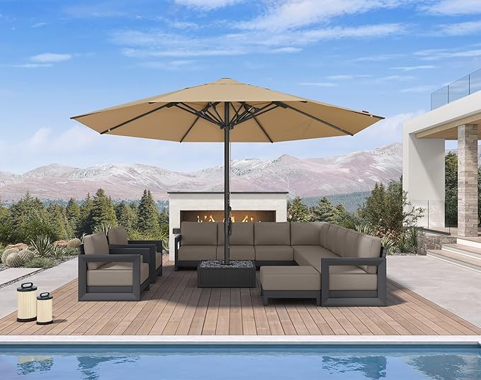 PURPLE LEAF 16' Round Semi-Auto Outdoor Patio Umbrella Aluminium Market Umbrella Table Sun Umbrella with 3.15" Rod and 8 Sturdy Ribs for Deck Lawn Pool Garden, Beige