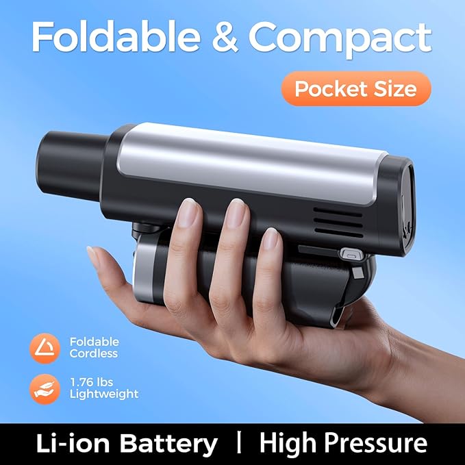 Foldable Pressure Washer Portable Battery Washer with 5-in-1 Nozzle, 3 Levels & LCD Display, Handheld Washer for Car, Bike, Patio & Camping (Black)