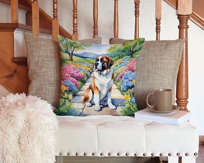Caroline's Treasures Saint Bernard Spring Path Throw Pillow Machine Washable, Indoor Outdoor Decorative Pillow for Couch, Bed or Patio, 14Hx14W