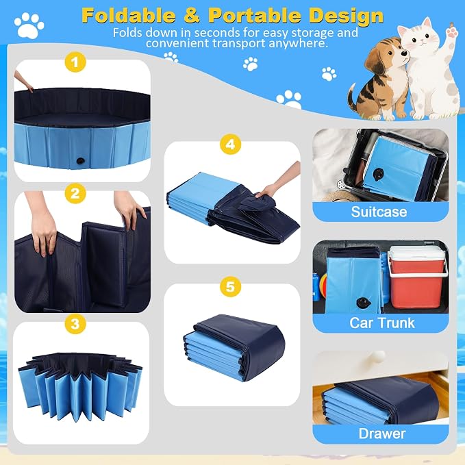Eooqi Foldable Dog Pool, Collapsible Pet Bath Tub & Kiddie Wading Pool, Portable Hard-Side Dog Swimming Pool for Puppies, Small & Medium Dogs, Cats and Kids (Blue, 48"-L)