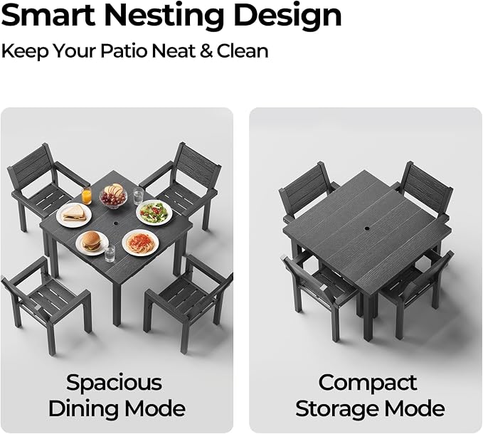 5-Piece Patio Dining Set for 4, All-Weather HDPE Outdoor Table and Chairs with Umbrella Hole, Rust-Resistant Metal Frame Dining Set for Garden, Backyard, Poolside, Deck (1 Table & 4 Chairs)
