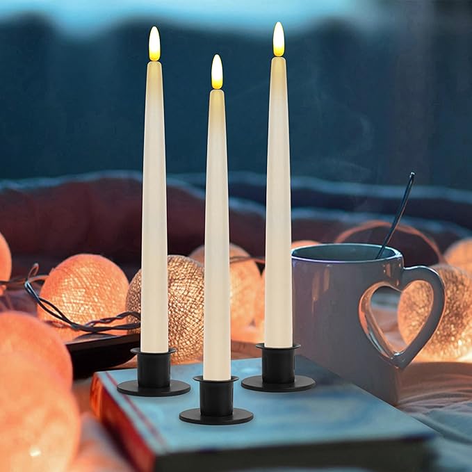 CVHOMEDECO. Flameless Taper Candles with 10-Key Remote, Battery Operated Led Flickering 3D Wick Window Candles Real Wax Finished Home Christmas Party Decor 0.78 x 11 Inch, Pack of 3, Ivory