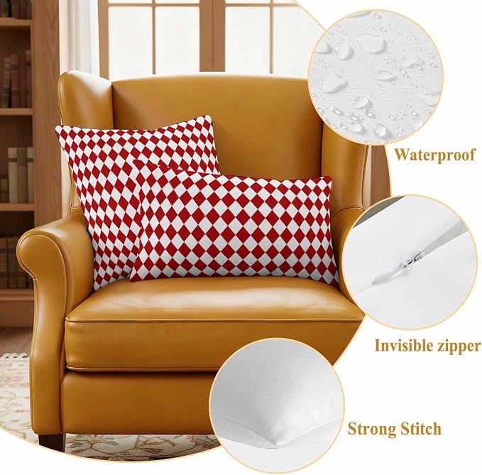 Outdoor Throw Pillow Cover Modern Red White Diamonds Plaid Waterproof Cushion Covers 2 Pack Minimalist Geometric Style Pillow Cases Home Decoration for Patio Garden Couch Sofa