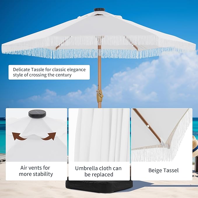 GDY 7.5ft Tassel Patio Umbrella and Matching Base, Outdoor Table Umbrella with 18 LED Lights,Market Umbrella with 6 Sturdy Ribs, with Push Button Tilt and Crank, Bright White