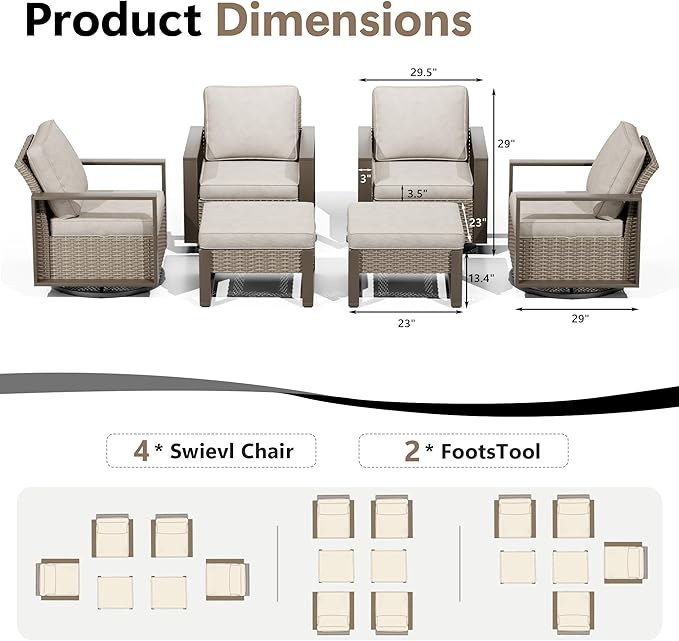 Outdoor Patio Furniture Set, 6 Piece Wicker Patio Conversation with Deep Seating, Thicken Cushions, Outdoor Swivel Rocker Patio Chairs, Metal Outdoor Furniture for Deck, Porch, Yard Use